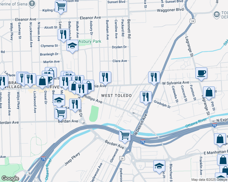 map of restaurants, bars, coffee shops, grocery stores, and more near 3854 Burnham Avenue in Toledo