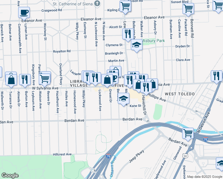 map of restaurants, bars, coffee shops, grocery stores, and more near 1121 West Sylvania Avenue in Toledo