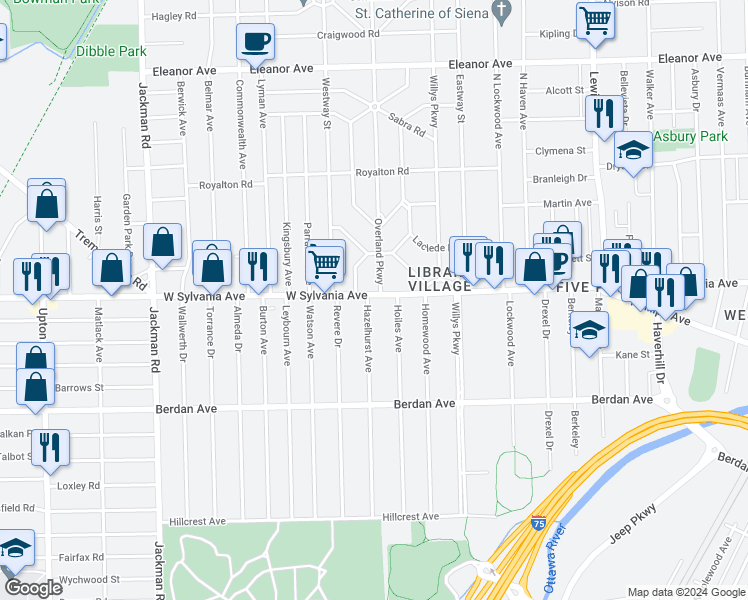 map of restaurants, bars, coffee shops, grocery stores, and more near 1396 West Sylvania Avenue in Toledo