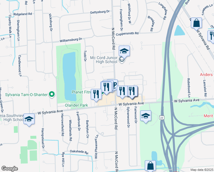 map of restaurants, bars, coffee shops, grocery stores, and more near 6718 Worth Avenue in Sylvania