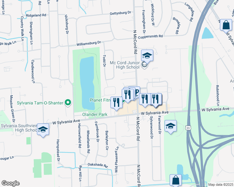 map of restaurants, bars, coffee shops, grocery stores, and more near 4133 Rodeo Drive in Sylvania