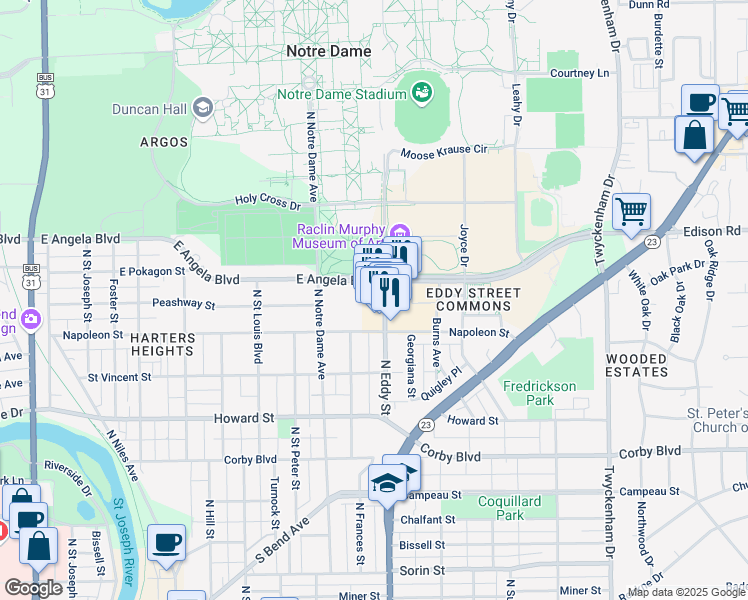 map of restaurants, bars, coffee shops, grocery stores, and more near 1234 North Notre Dame Avenue in South Bend