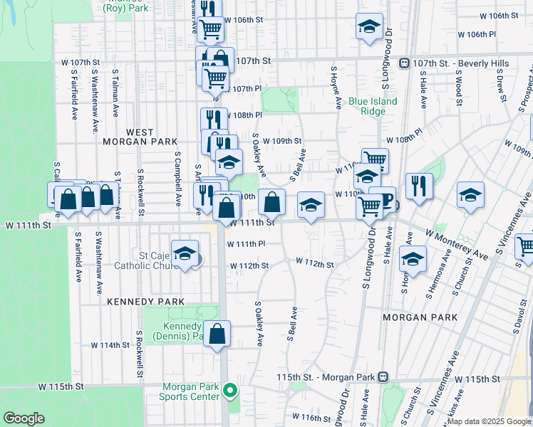 map of restaurants, bars, coffee shops, grocery stores, and more near 11060 South Bell Avenue in Chicago