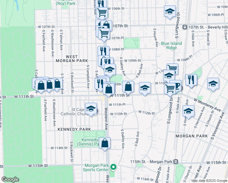 map of restaurants, bars, coffee shops, grocery stores, and more near 2315 West 110th Place in Chicago