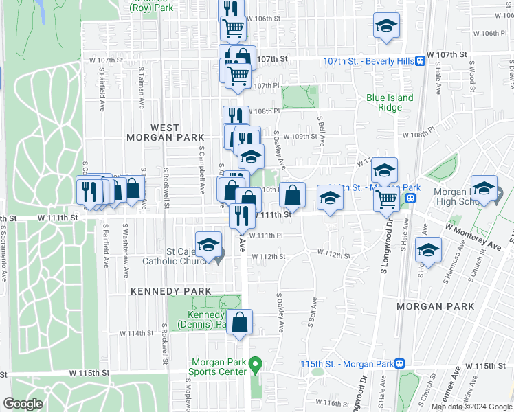map of restaurants, bars, coffee shops, grocery stores, and more near 2404 West 111th Street in Chicago