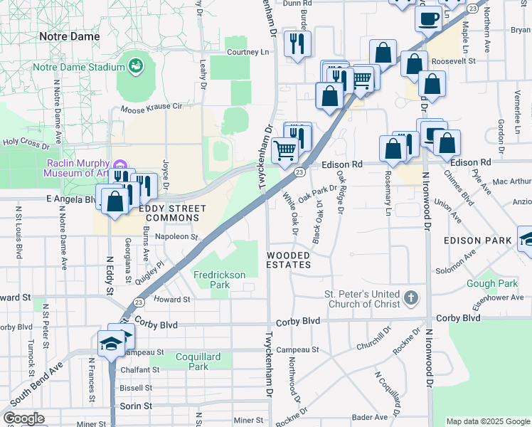 map of restaurants, bars, coffee shops, grocery stores, and more near 1239 North Twyckenham Drive in South Bend