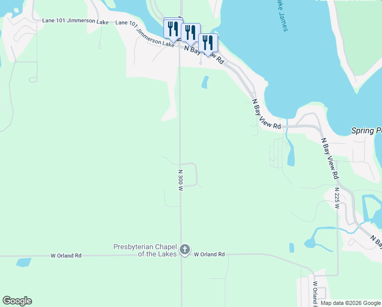 map of restaurants, bars, coffee shops, grocery stores, and more near 2970 West 340 North in Angola