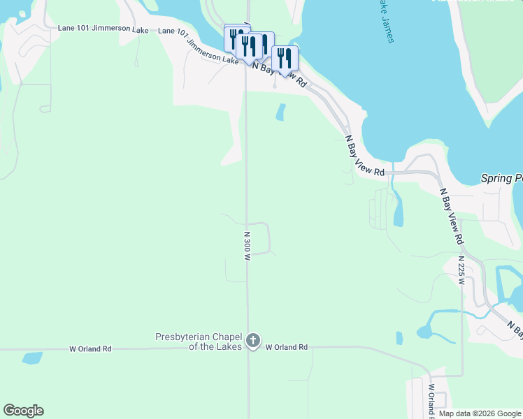 map of restaurants, bars, coffee shops, grocery stores, and more near 2970 West 340 North in Angola