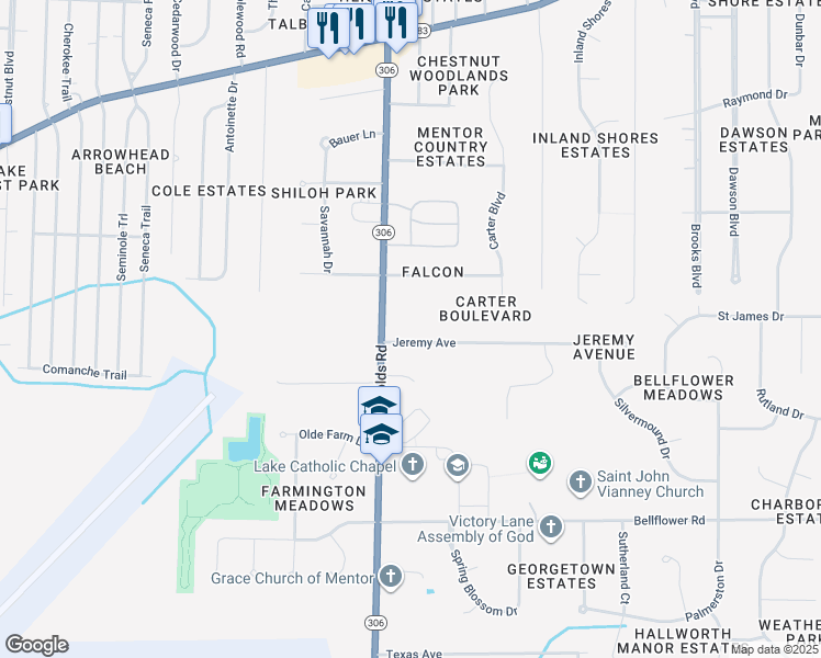 map of restaurants, bars, coffee shops, grocery stores, and more near 6569 Reynolds Road in Mentor