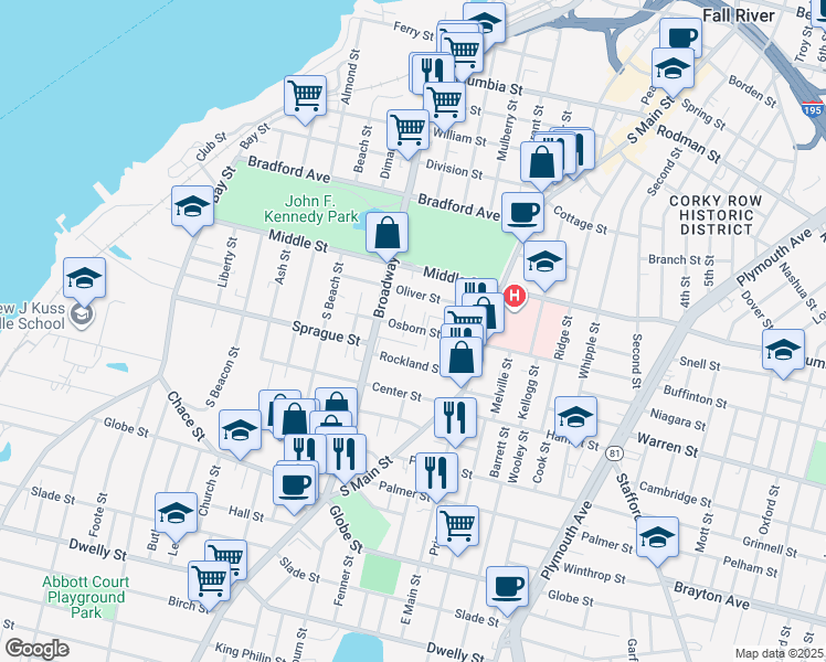 map of restaurants, bars, coffee shops, grocery stores, and more near 128 Osborn Street in Fall River