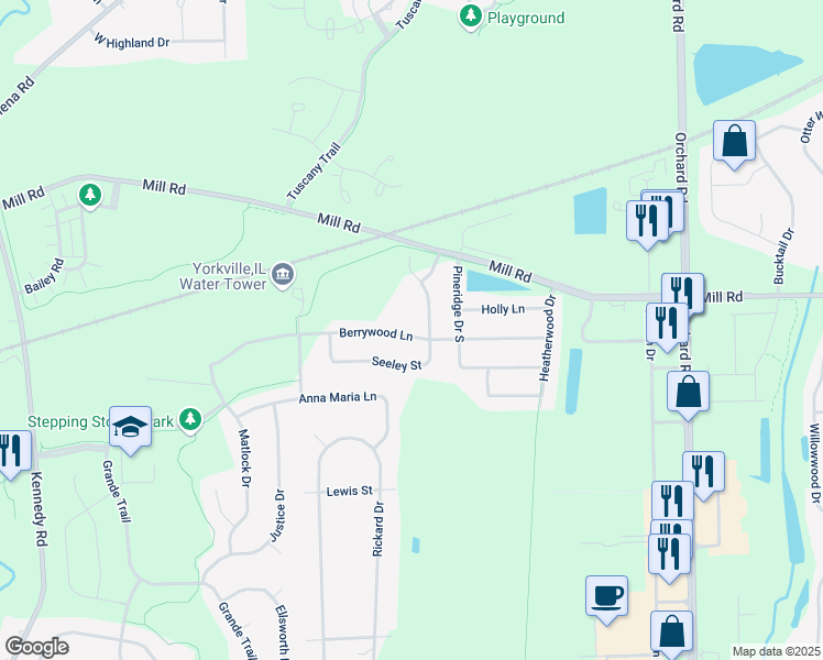 map of restaurants, bars, coffee shops, grocery stores, and more near 2589 Berrywood Lane in Oswego