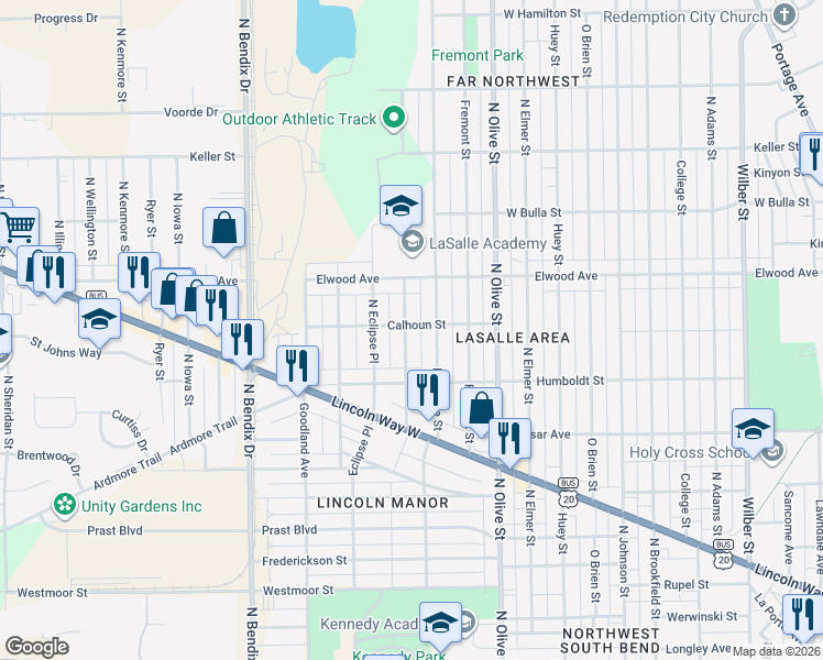 map of restaurants, bars, coffee shops, grocery stores, and more near 1301 North Kaley Street in South Bend