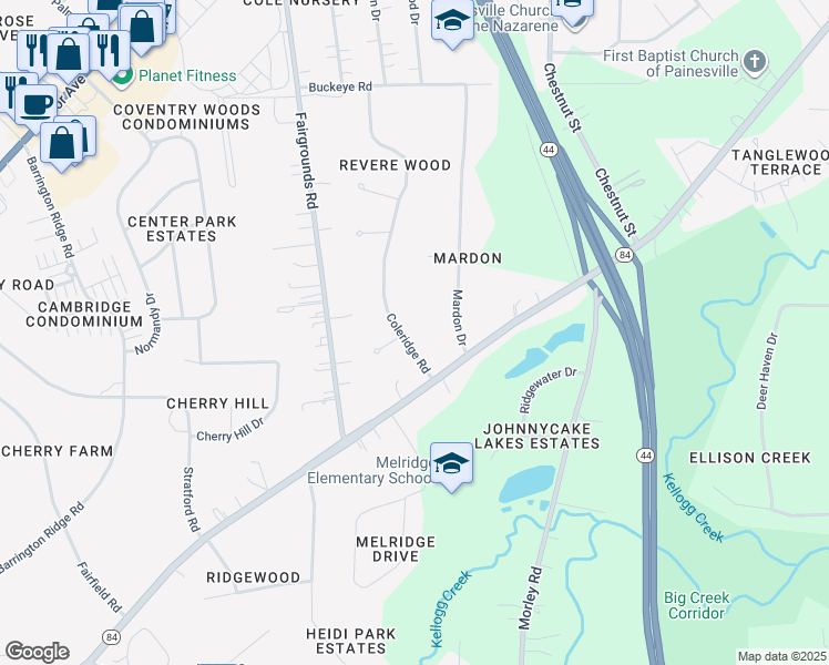 map of restaurants, bars, coffee shops, grocery stores, and more near 6525 Coleridge Road in Painesville