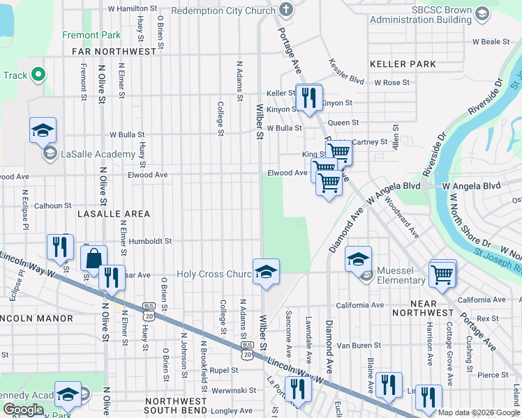map of restaurants, bars, coffee shops, grocery stores, and more near 1318 Wilber Street in South Bend