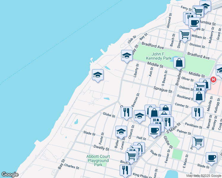 map of restaurants, bars, coffee shops, grocery stores, and more near 206 Globe Mills Avenue in Fall River