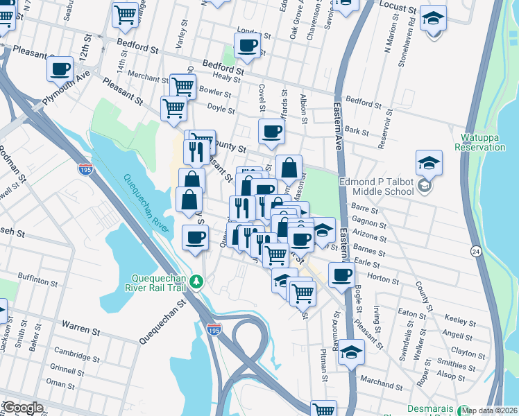map of restaurants, bars, coffee shops, grocery stores, and more near 1270 Pleasant Street in Fall River