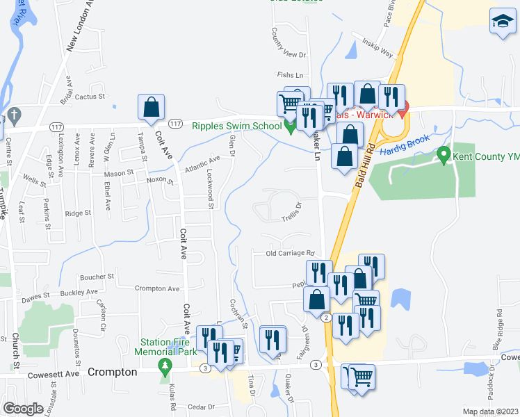 map of restaurants, bars, coffee shops, grocery stores, and more near 57 Trellis Drive in West Warwick