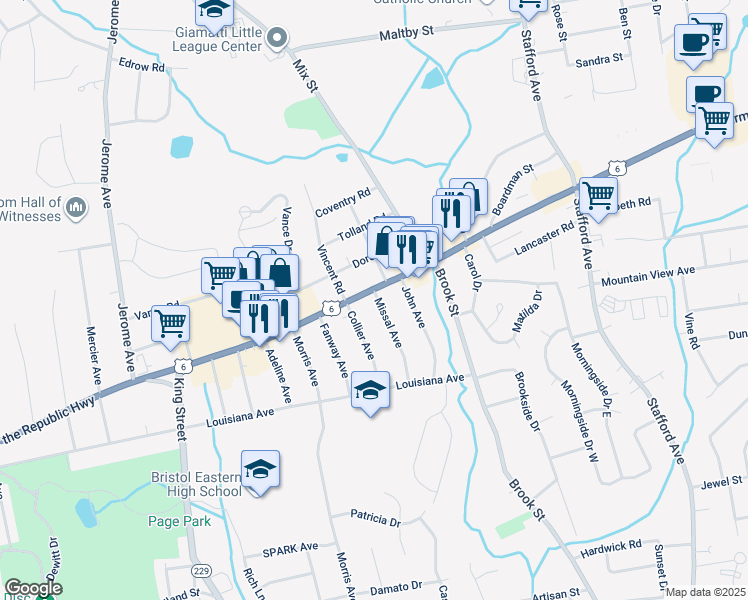 map of restaurants, bars, coffee shops, grocery stores, and more near 804 Farmington Avenue in Bristol