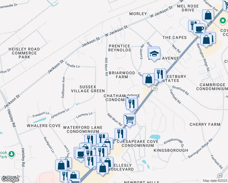 map of restaurants, bars, coffee shops, grocery stores, and more near 100 Chatham Drive in Painesville