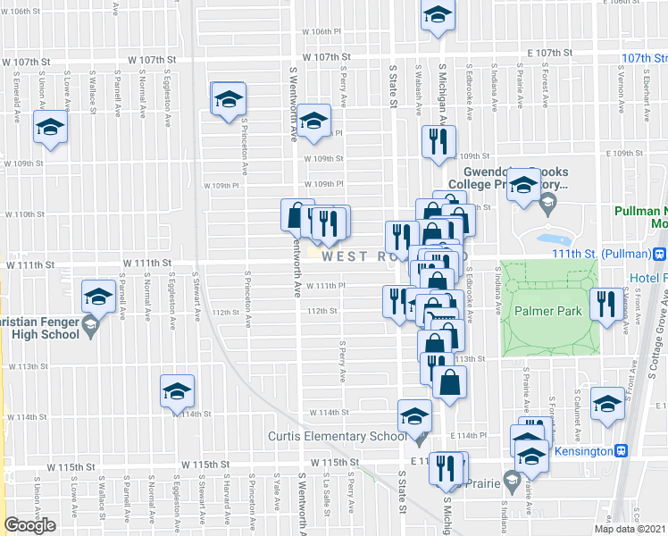 map of restaurants, bars, coffee shops, grocery stores, and more near 45 West 111th Street in Chicago