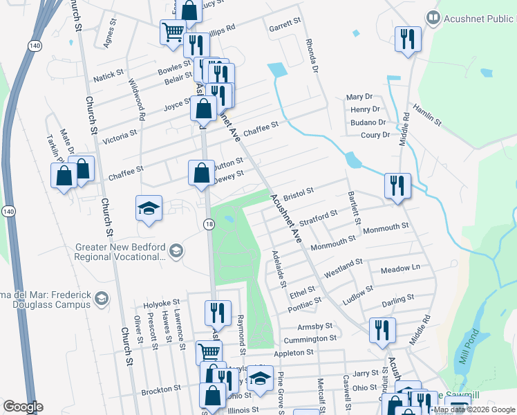 map of restaurants, bars, coffee shops, grocery stores, and more near 1029 Kenmore Street in New Bedford