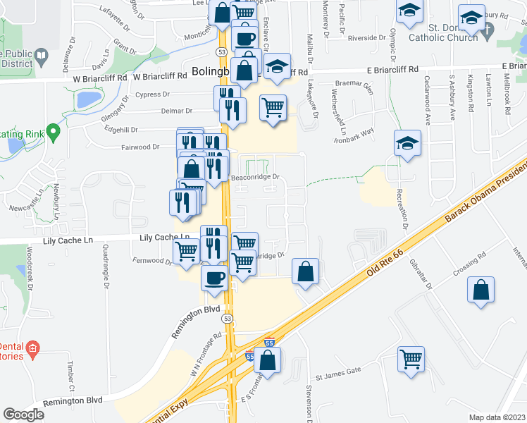 map of restaurants, bars, coffee shops, grocery stores, and more near 443 Mallview Lane in Bolingbrook