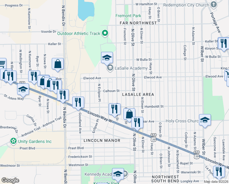 map of restaurants, bars, coffee shops, grocery stores, and more near 1302 North Meade Street in South Bend