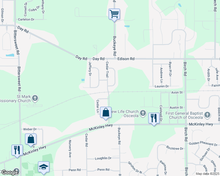 map of restaurants, bars, coffee shops, grocery stores, and more near 55222 Cedar Trail in Osceola