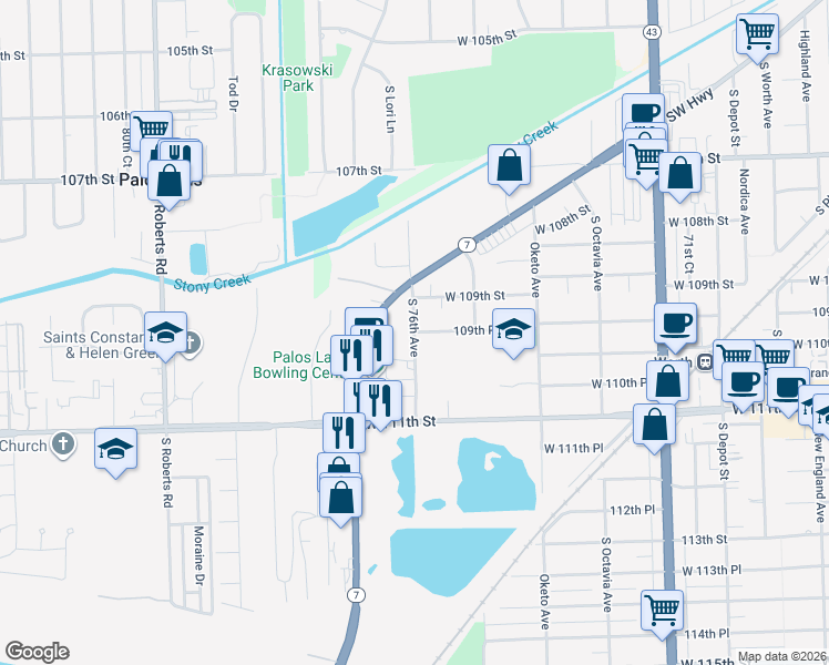 map of restaurants, bars, coffee shops, grocery stores, and more near 11001 South 76th Avenue in Worth