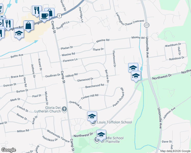 map of restaurants, bars, coffee shops, grocery stores, and more near 96 Glenwood Drive in Plainville