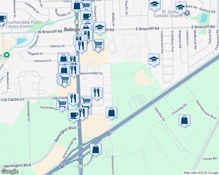 map of restaurants, bars, coffee shops, grocery stores, and more near 413 Standish Court in Bolingbrook