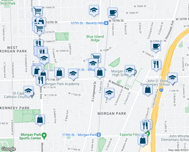 map of restaurants, bars, coffee shops, grocery stores, and more near 11070 South Longwood Drive in Chicago