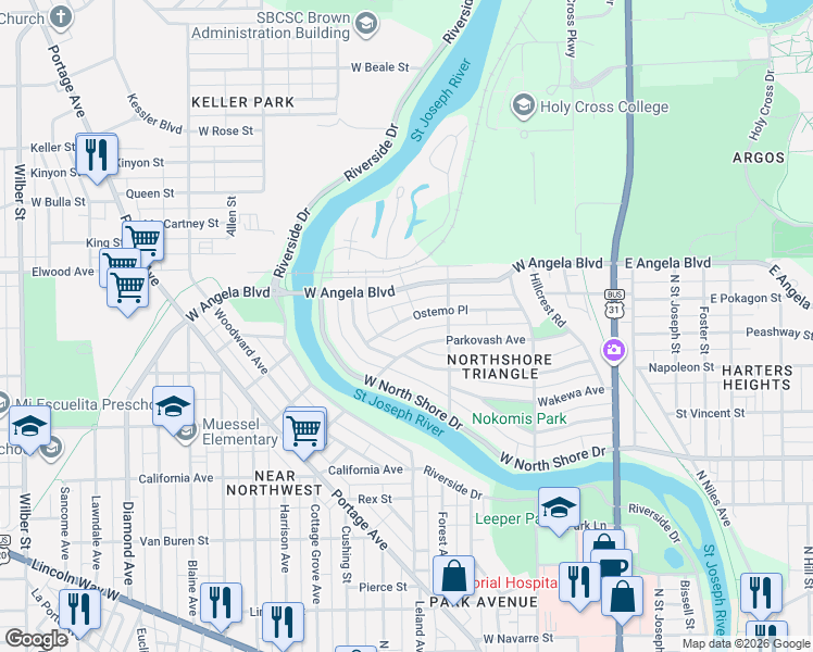 map of restaurants, bars, coffee shops, grocery stores, and more near 614 Ostemo Place in South Bend