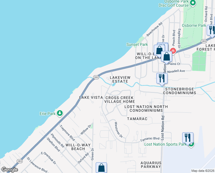 map of restaurants, bars, coffee shops, grocery stores, and more near 1240 Leeward Lane in Willoughby