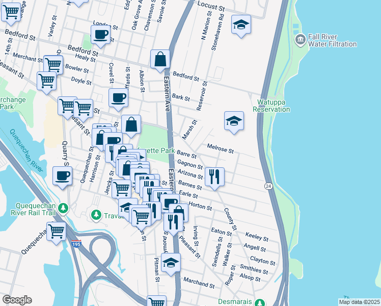map of restaurants, bars, coffee shops, grocery stores, and more near 8 Concord Street in Fall River