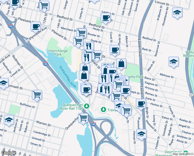 map of restaurants, bars, coffee shops, grocery stores, and more near 168 Quequechan Street in Fall River