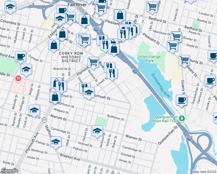 map of restaurants, bars, coffee shops, grocery stores, and more near 65 Manchester Street in Fall River
