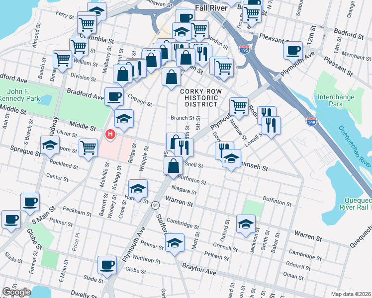 map of restaurants, bars, coffee shops, grocery stores, and more near 724 Plymouth Avenue in Fall River