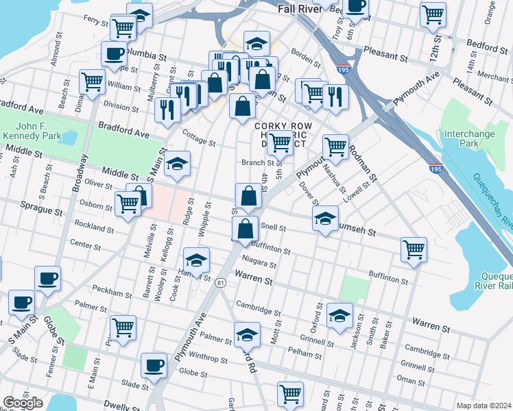 map of restaurants, bars, coffee shops, grocery stores, and more near 31 Lyon Street in Fall River
