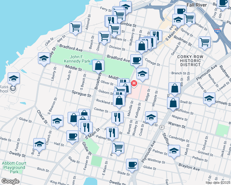 map of restaurants, bars, coffee shops, grocery stores, and more near 261 Oliver Street in Fall River