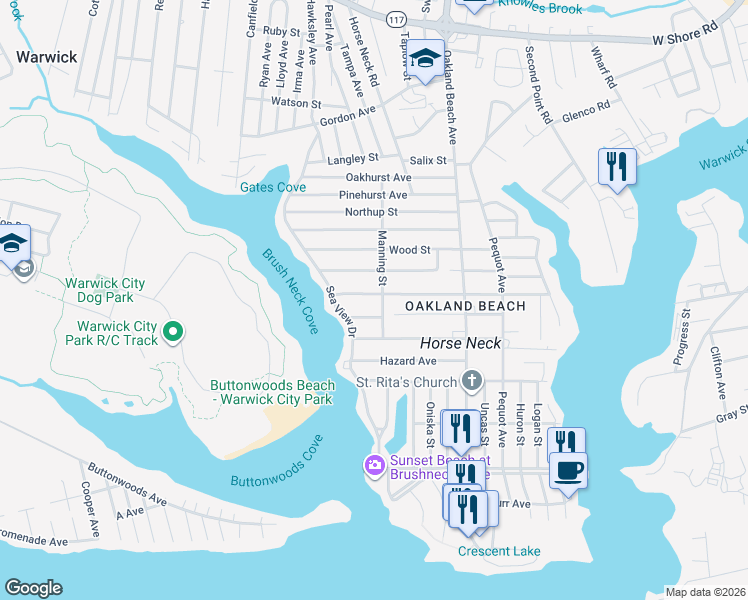 map of restaurants, bars, coffee shops, grocery stores, and more near 185 Coburn Street in Warwick