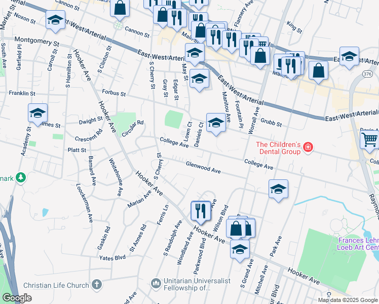 map of restaurants, bars, coffee shops, grocery stores, and more near 22 College Avenue in Poughkeepsie