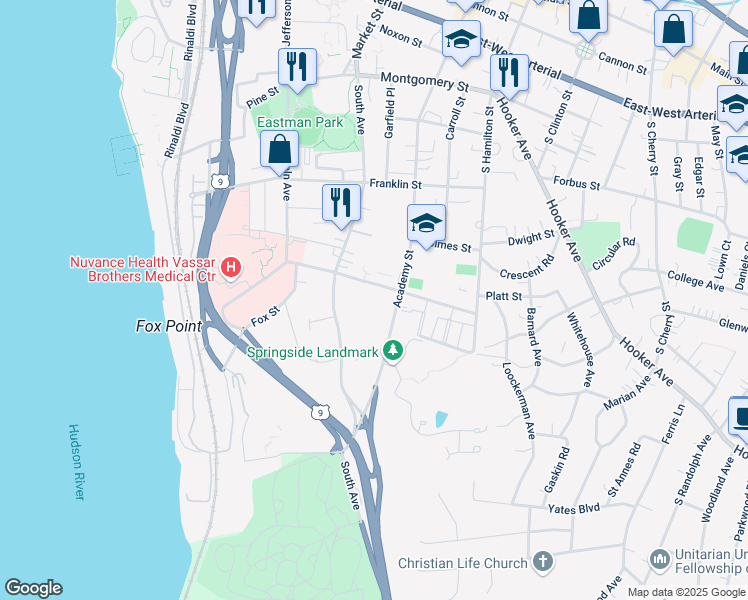 map of restaurants, bars, coffee shops, grocery stores, and more near 166 Academy Street in Poughkeepsie
