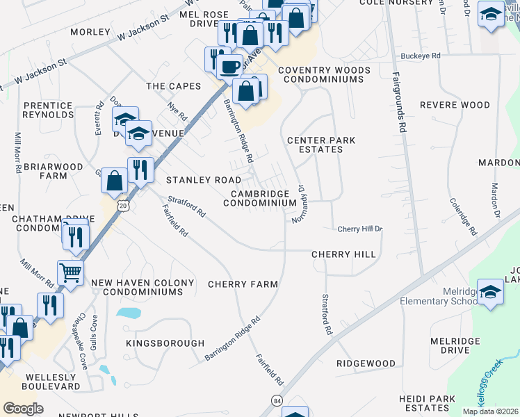 map of restaurants, bars, coffee shops, grocery stores, and more near 2201 Mentor Avenue in Painesville