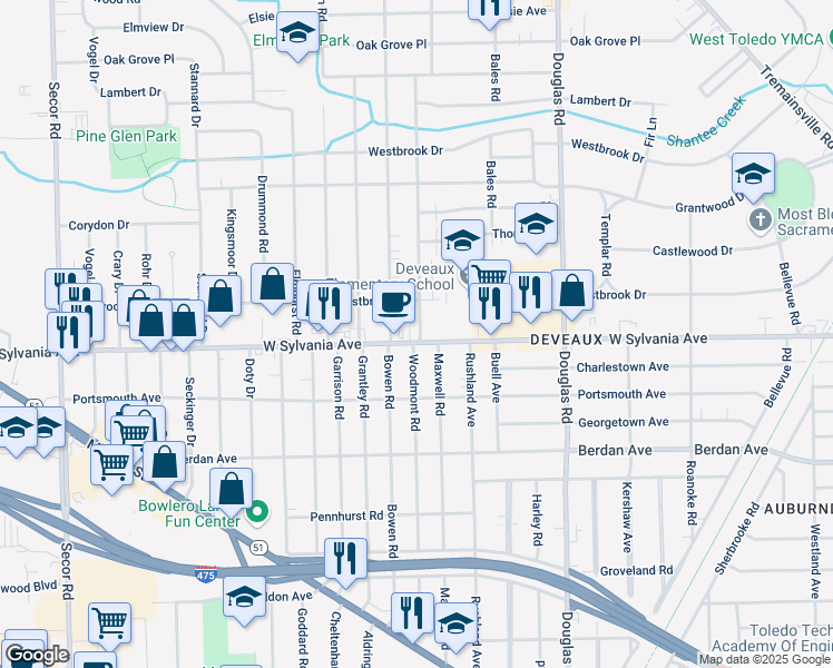 map of restaurants, bars, coffee shops, grocery stores, and more near 4018 Bowen Rd in Toledo