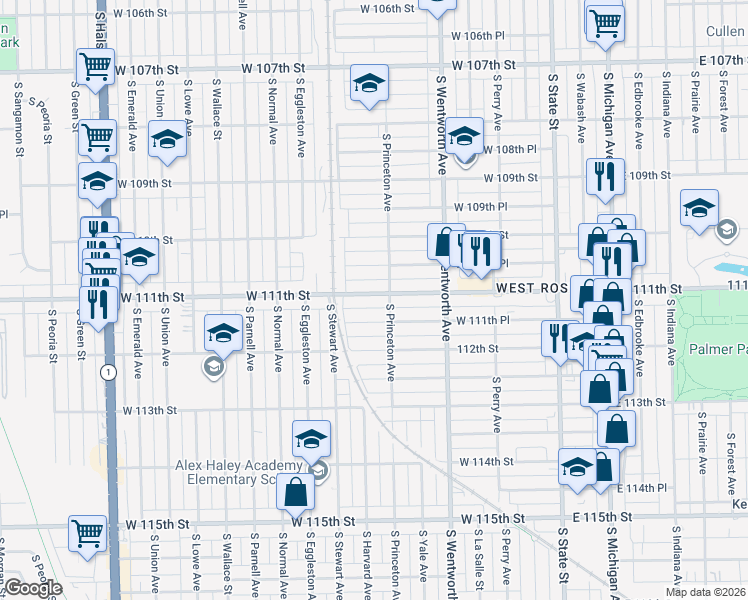 map of restaurants, bars, coffee shops, grocery stores, and more near 326 West 111th Street in Chicago