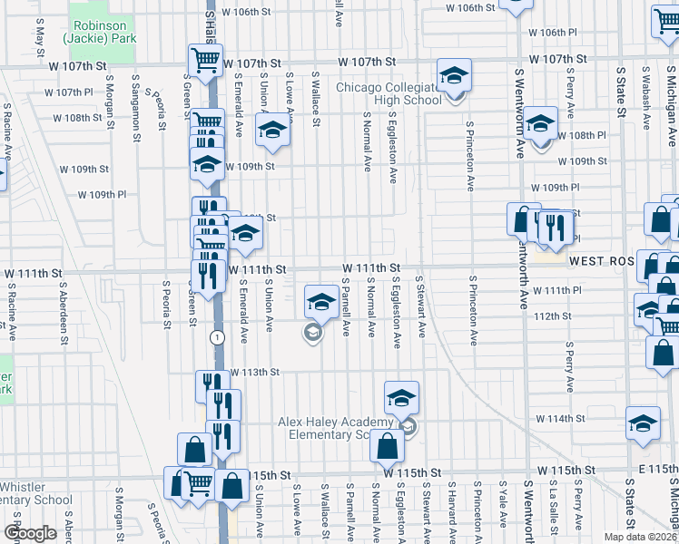 map of restaurants, bars, coffee shops, grocery stores, and more near 520 West 111th Street in Chicago