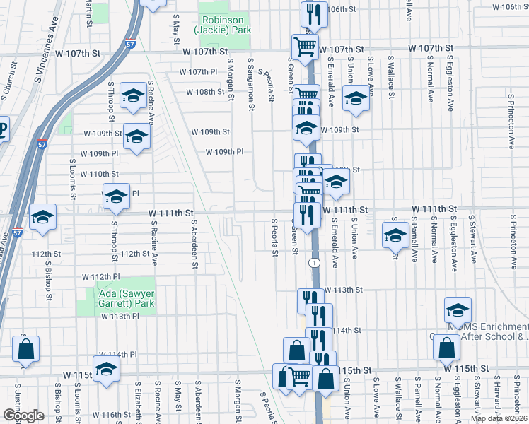 map of restaurants, bars, coffee shops, grocery stores, and more near 902 West 111th Street in Chicago