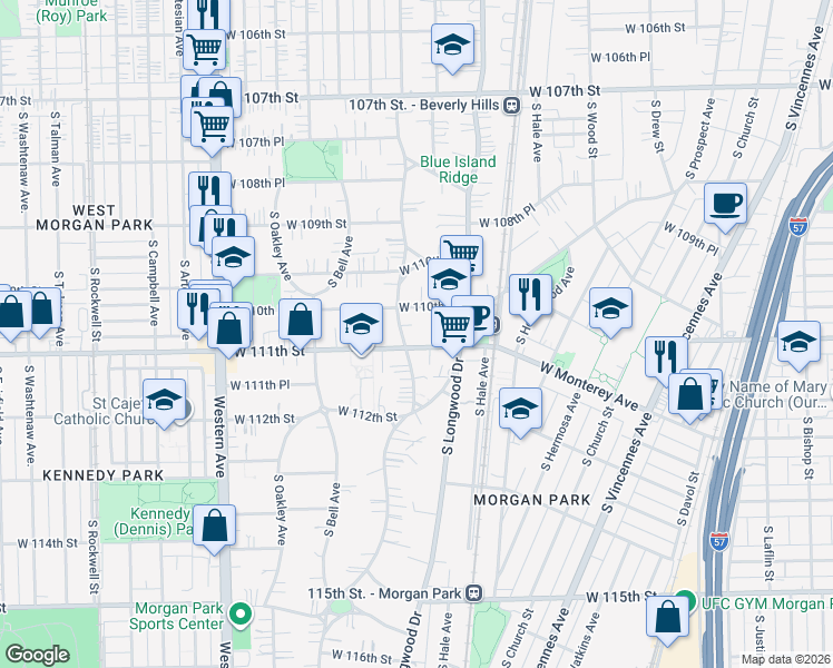 map of restaurants, bars, coffee shops, grocery stores, and more near 2040 West 111th Street in Chicago