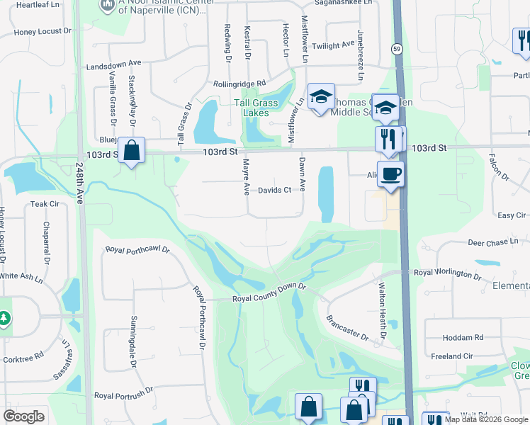 map of restaurants, bars, coffee shops, grocery stores, and more near 24330 Boulevard de John in Naperville